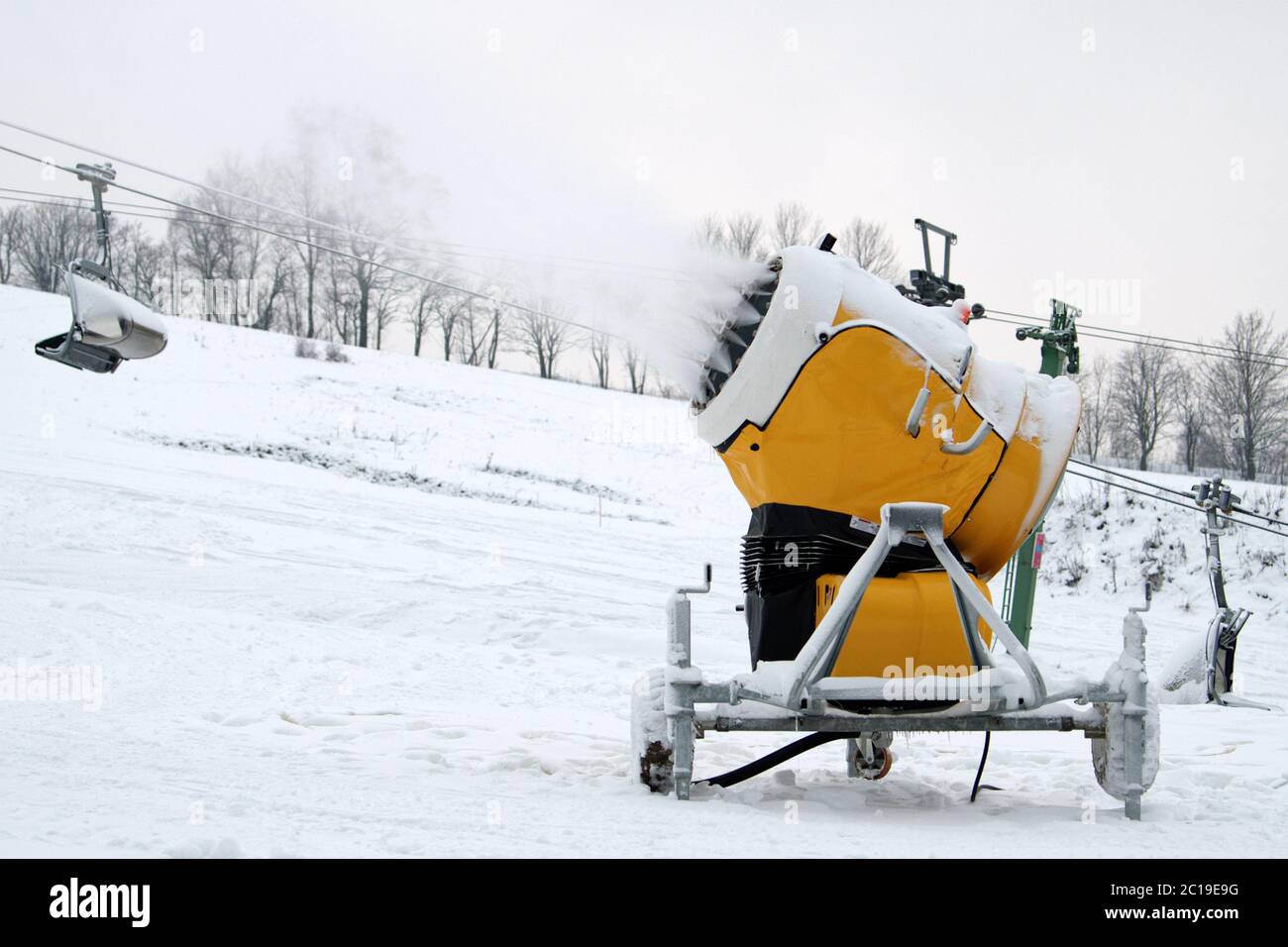 Snow making machine close up. Snow cannon in winter. Snowgun Stock