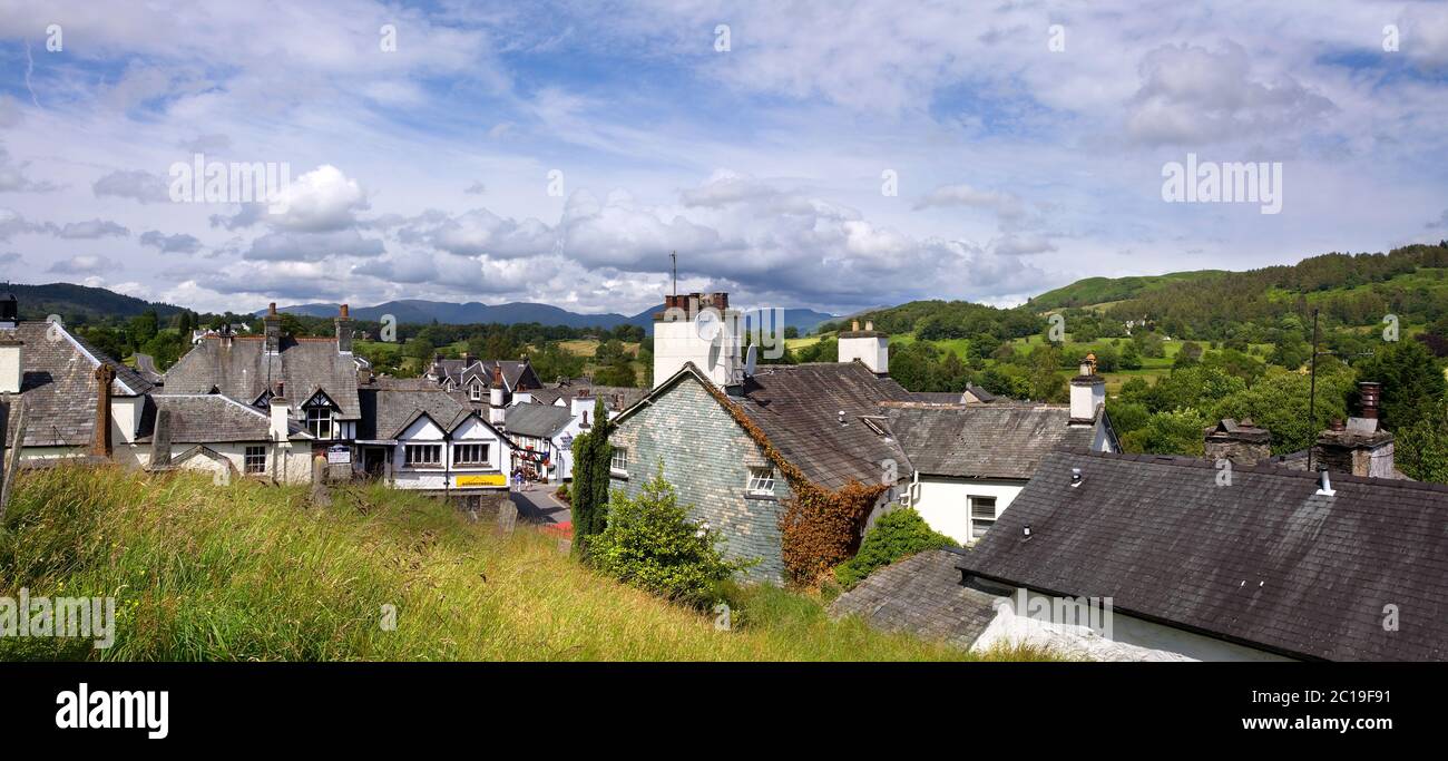 Hawkshead view (panorama), Lake District Stock Photo