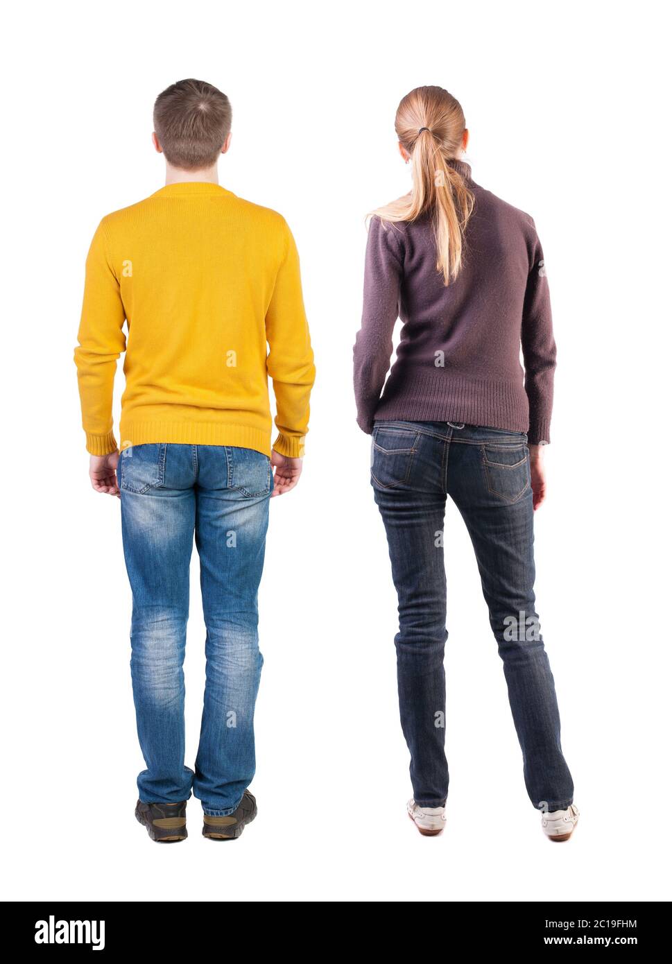 Back view couple in sweater. beautiful man and woman. Rear view people ...