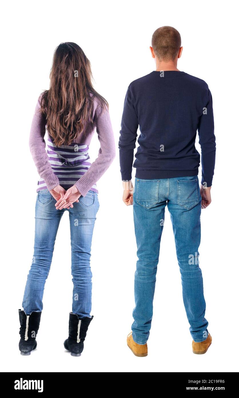 Back view couple in sweater. beautiful man and woman. Rear view people ...