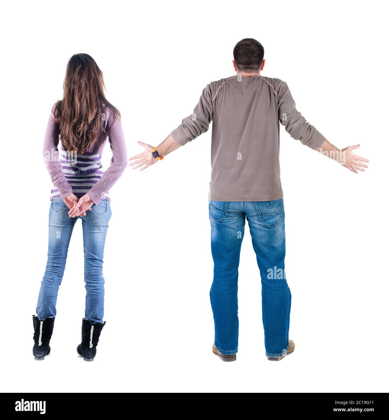 Back view couple in sweater. beautiful man and woman. Rear view people ...