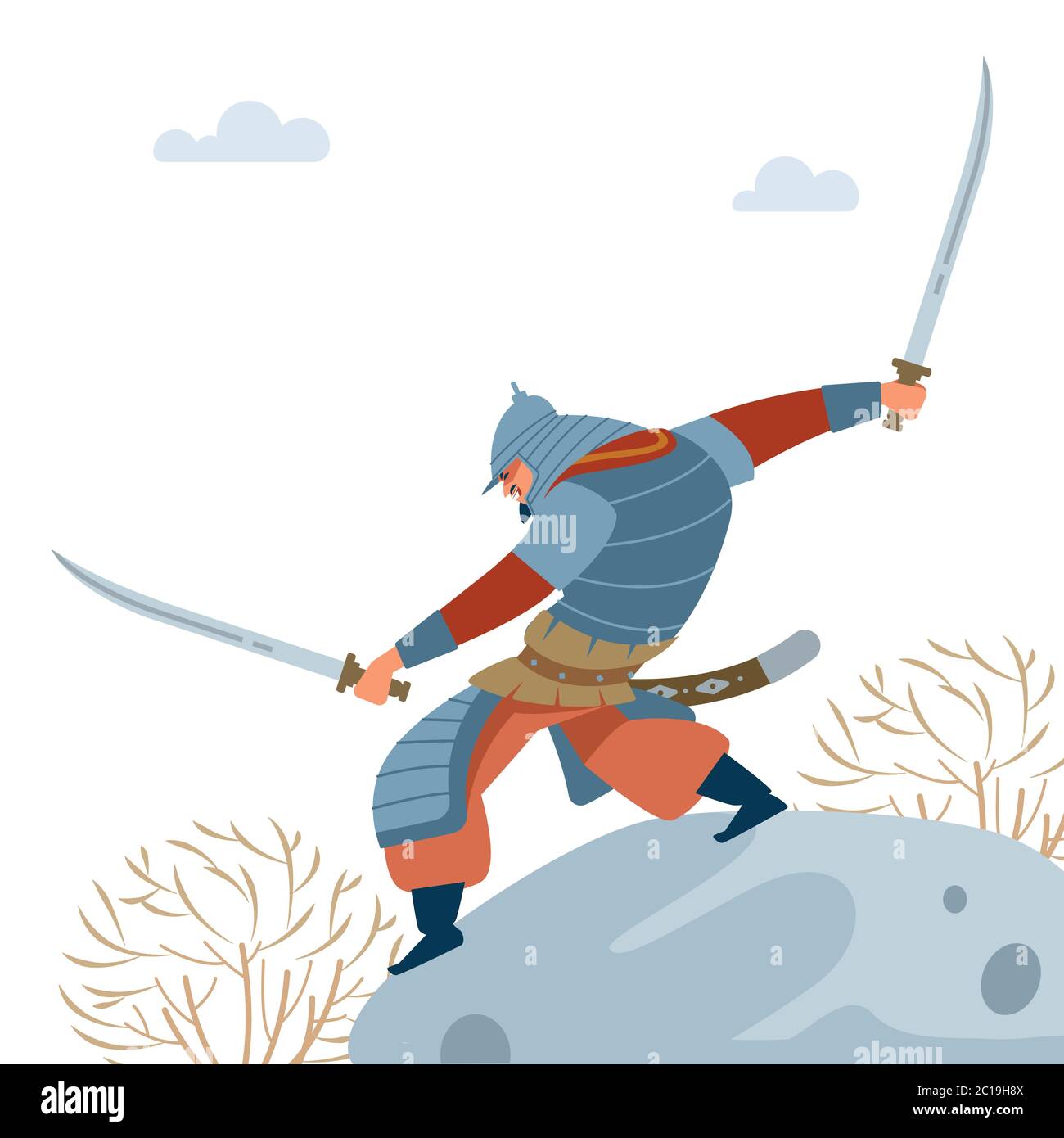 Central Asian Warrior. Nomad warrior with two swords on stone, attacks in battle. Medieval battle illustration. Historical illustration. Isolated Stock Vector