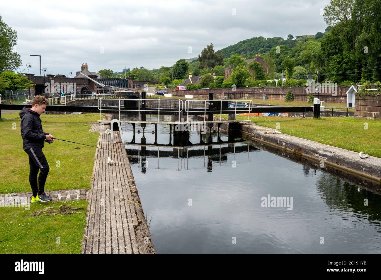 Fishing at Bowling Basis Harbour, Forth & Clyde Canal, Bowling, West Dunbartonshire, Scotland