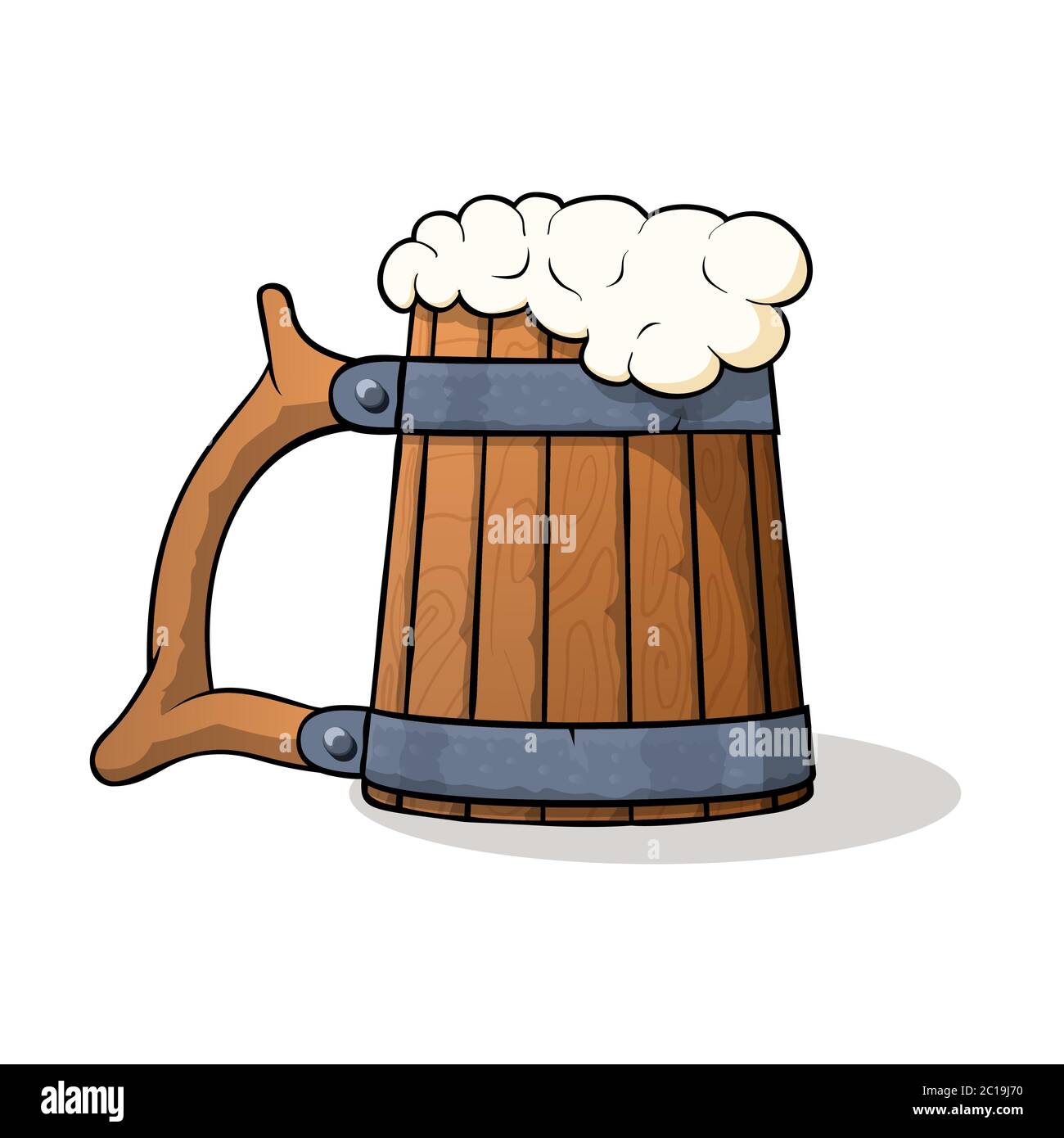 Wooden beer mug with beer and froth. Vector illustration Stock Vector