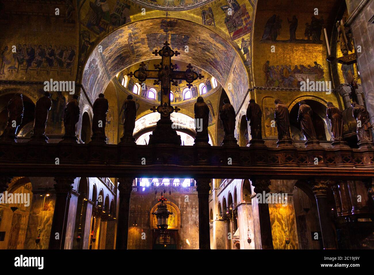 The interior with high altar and golden cupola mosaics of St Mark s Basilica,View to western apse. Venice Italy,June 7th 2016 Stock Photo