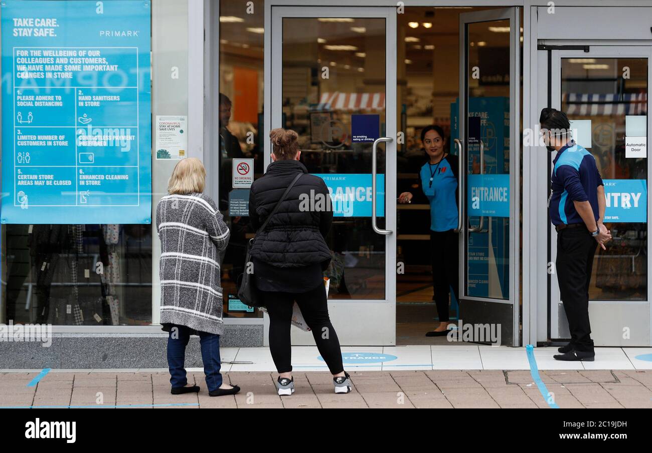 Loughborough, Leicestershire, UK. 15th June 2020. The doors are opened at a Primark clothes store as non essential shops reopen in England after coronavirus pandemic lockdown restrictions were eased. Credit Darren Staples/Alamy Live News. Stock Photo