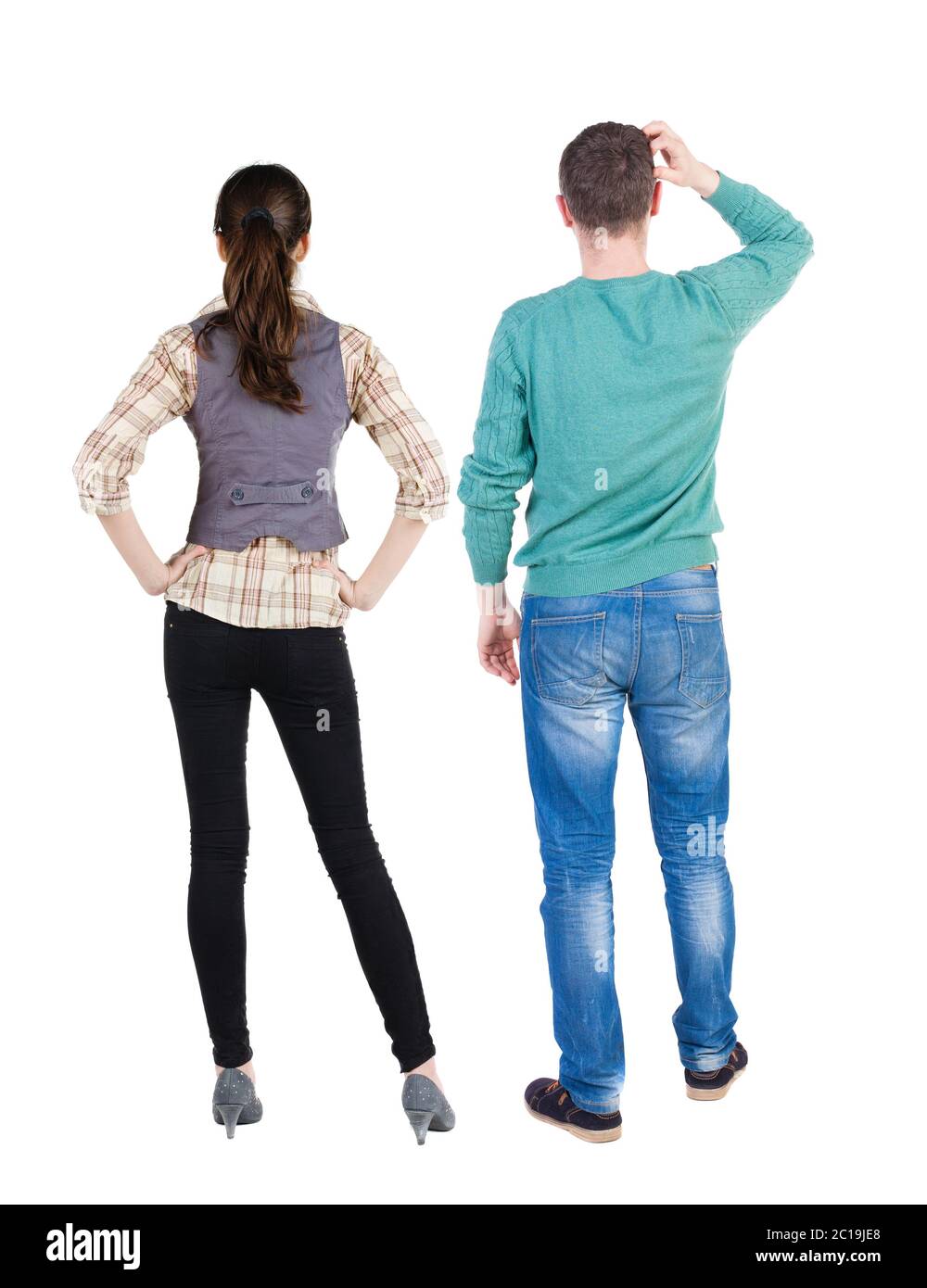 Back view couple in sweater. beautiful man and woman. Rear view people ...