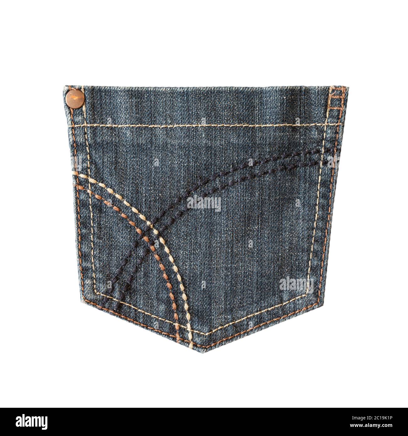 Dark blue jeans back pocket isolated on white background. Closeup of  stitch, seams, rivet and fabric texture. Denim fashion, pocket design Stock  Photo - Alamy