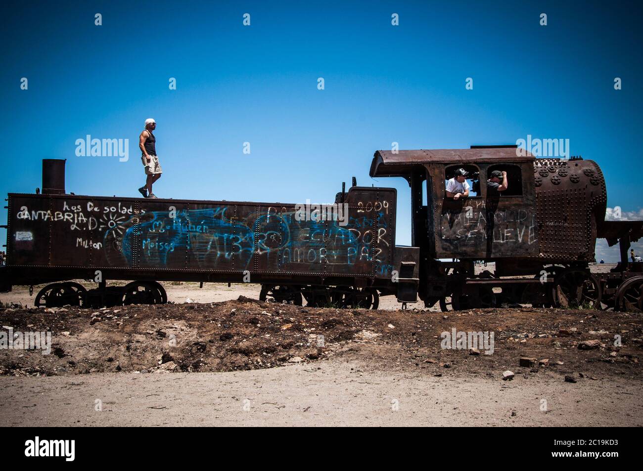 Uyuni's train cemitery in the Bolivian desert Stock Photo