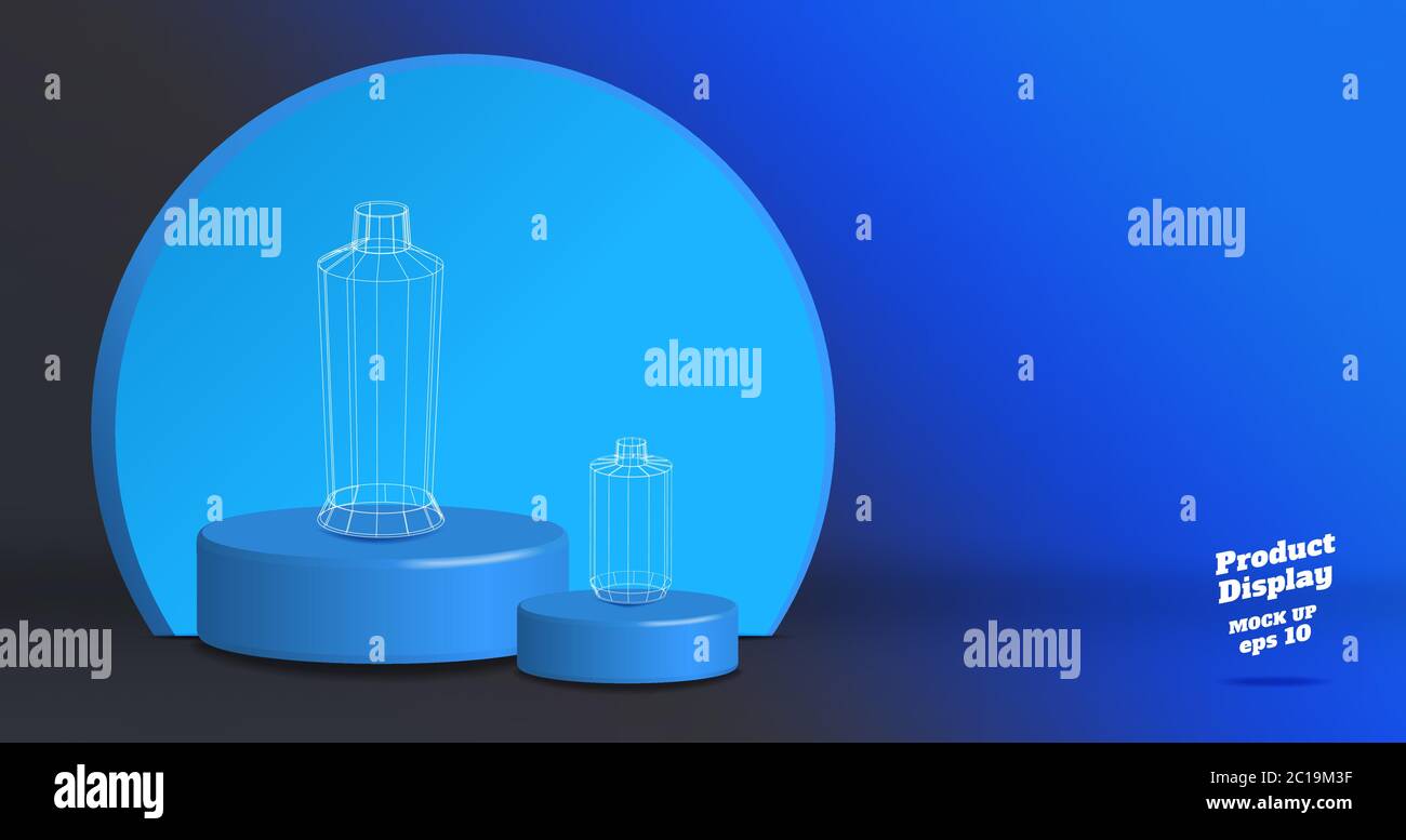 Vector,Empty vivid blue gradient with grey studio round kiosk stand background ,product display with copy space for display of product Banner for adve Stock Vector