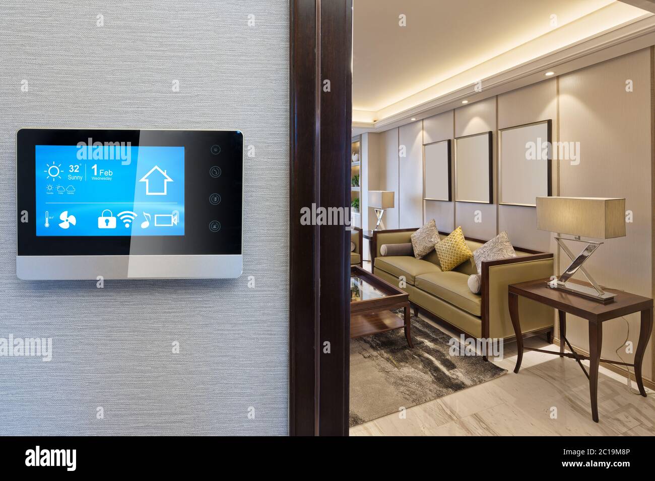 smart screen with smart home and modern living room Stock Photo - Alamy