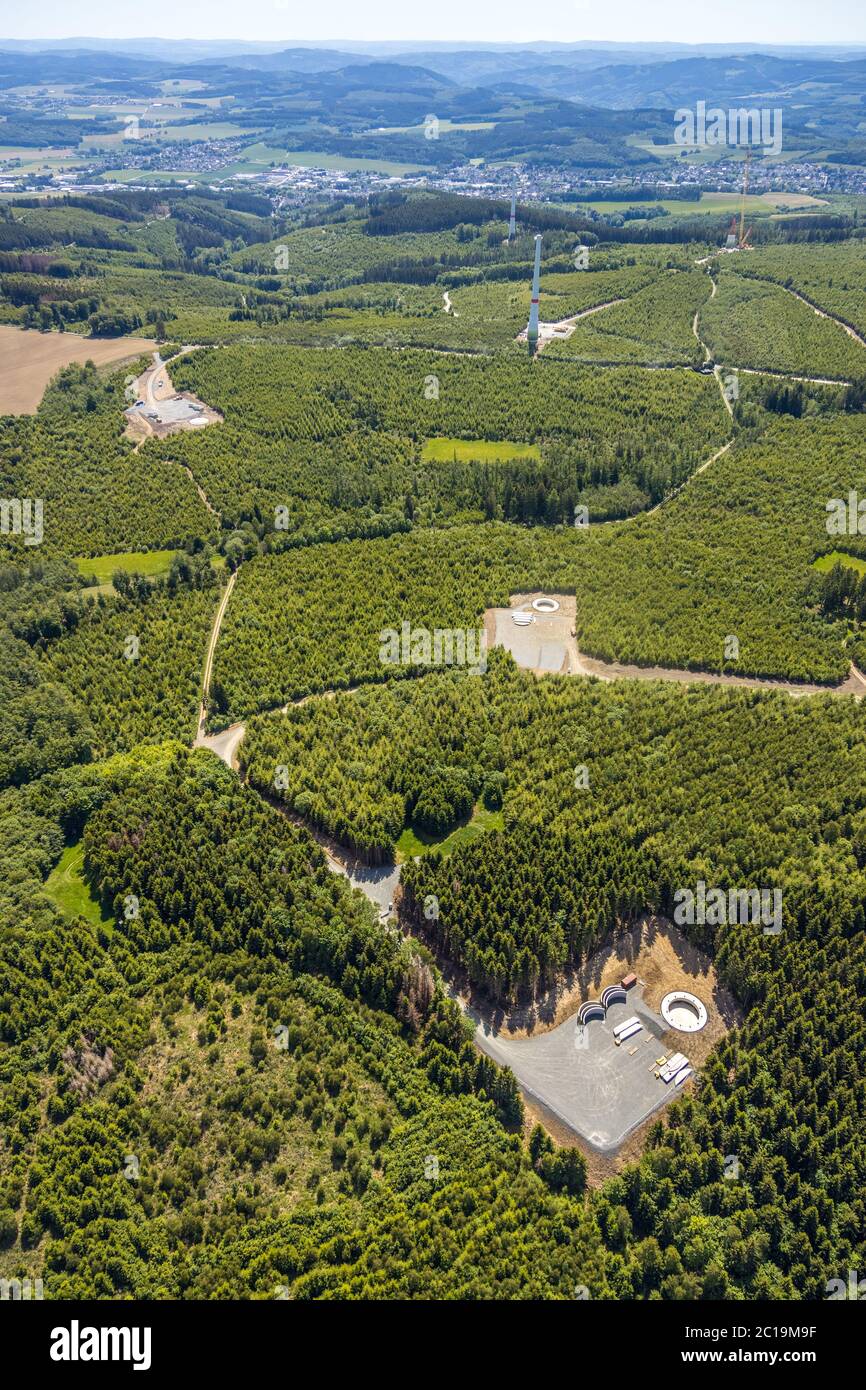 aerial photograph, construction of wind turbines north of Neuenrade, Sauerland, North Rhine-Westphalia, Germany, Neuenrade, DE, Europe, birds-eyes vie Stock Photo