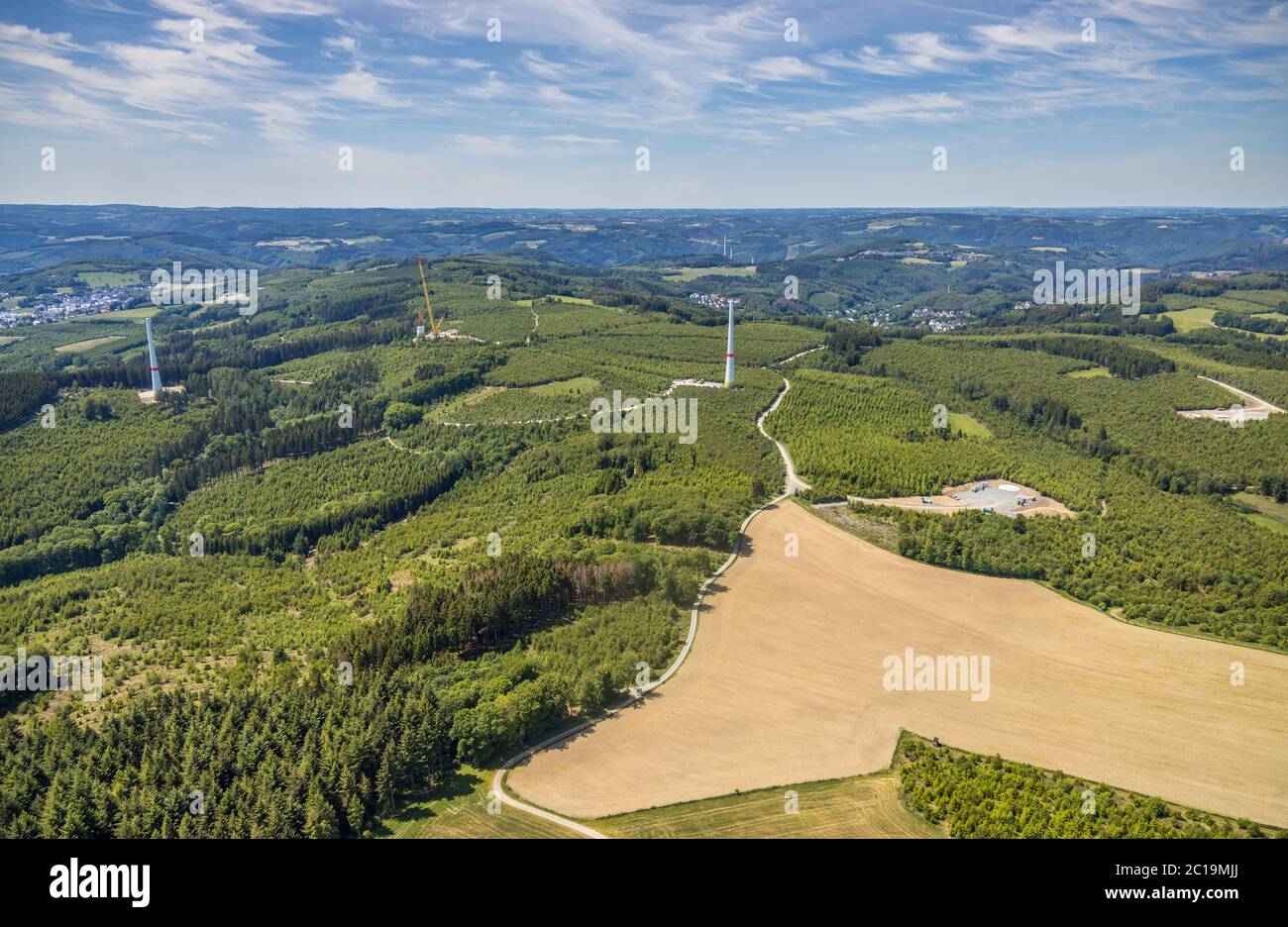 aerial photograph, construction of wind turbines north of Neuenrade, Sauerland, North Rhine-Westphalia, Germany, Neuenrade, DE, Europe, birds-eyes vie Stock Photo
