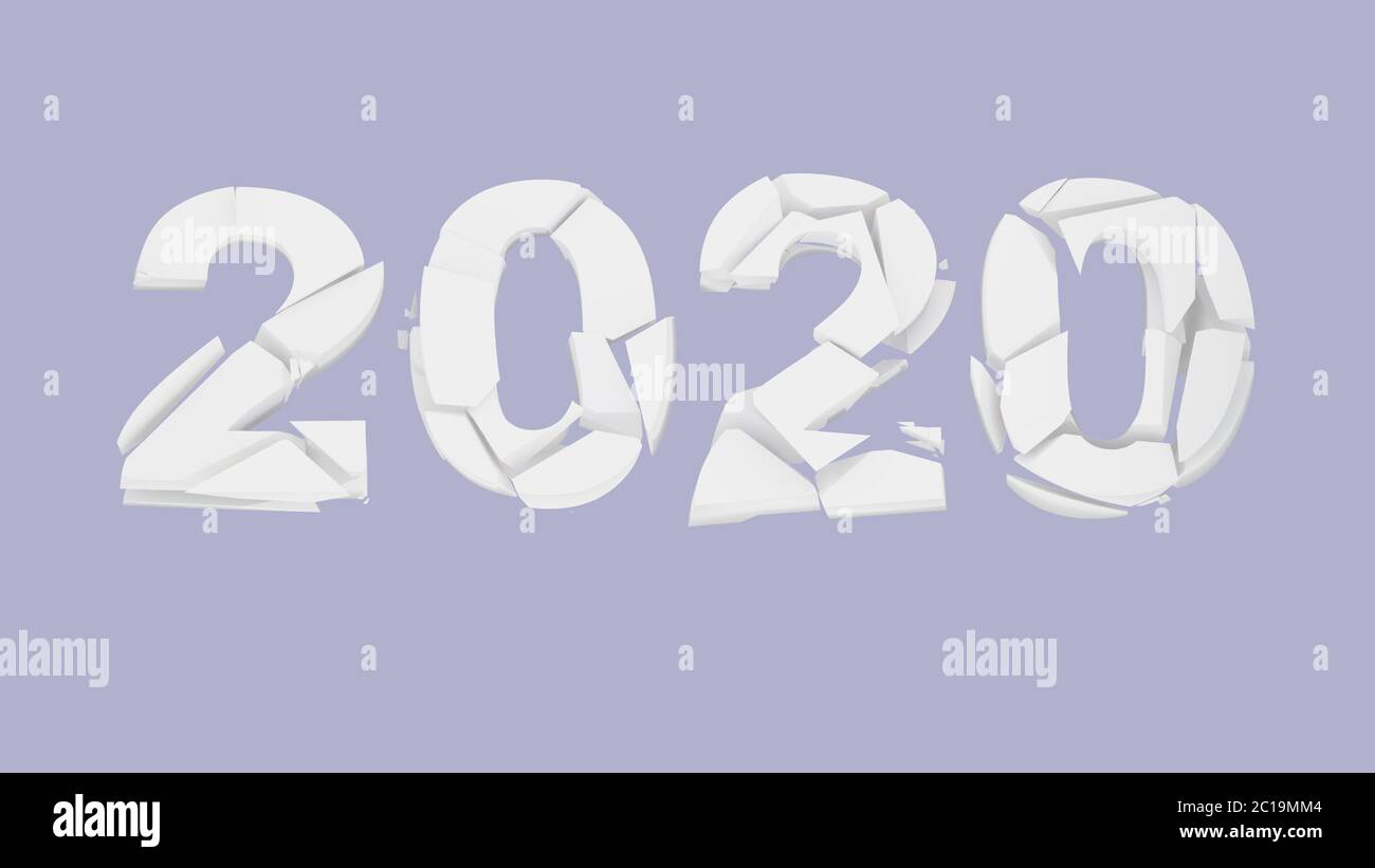 broken 2020 year over white background. The number 2020 is destroyed - represents the old year 2020 or depression of 2020 year - market decline and pa Stock Photo