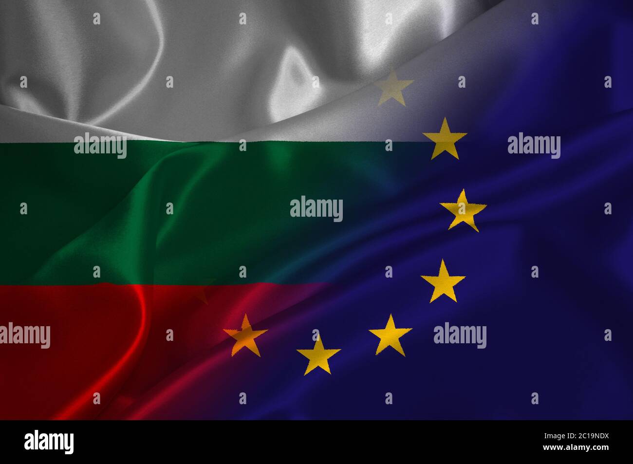EU flag and Bulgaria flag on satin texture Stock Photo