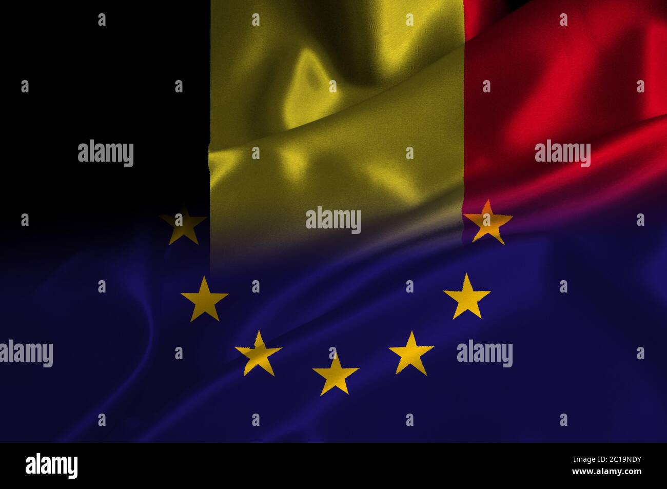 EU flag and Belgium flag on satin texture Stock Photo