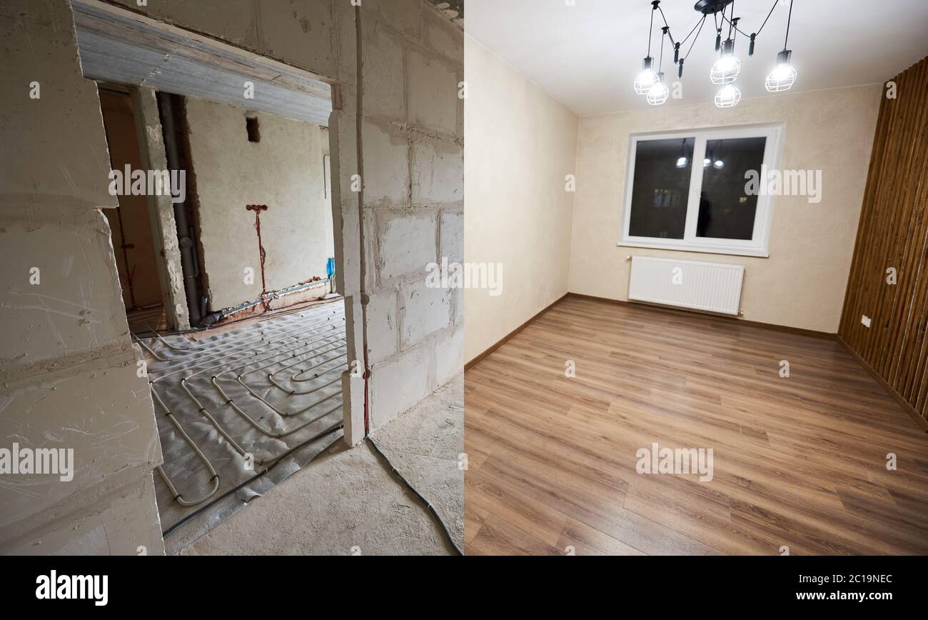 Comparison of room in apartment before and after renovation. Spacious light room with modern wood laminate and chandelier vs empty doorway with a view to another unfinished room. Renovation concept Stock Photo
