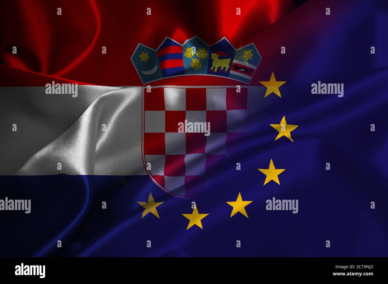 EU flag and Croatia flag on satin texture Stock Photo