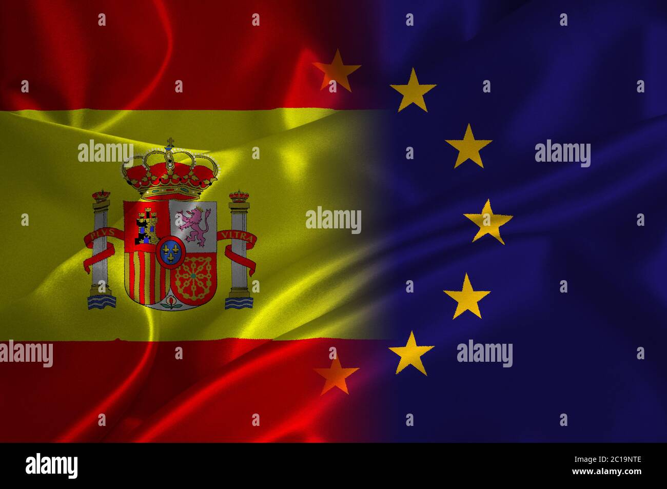EU flag and Spain flag on satin texture Stock Photo