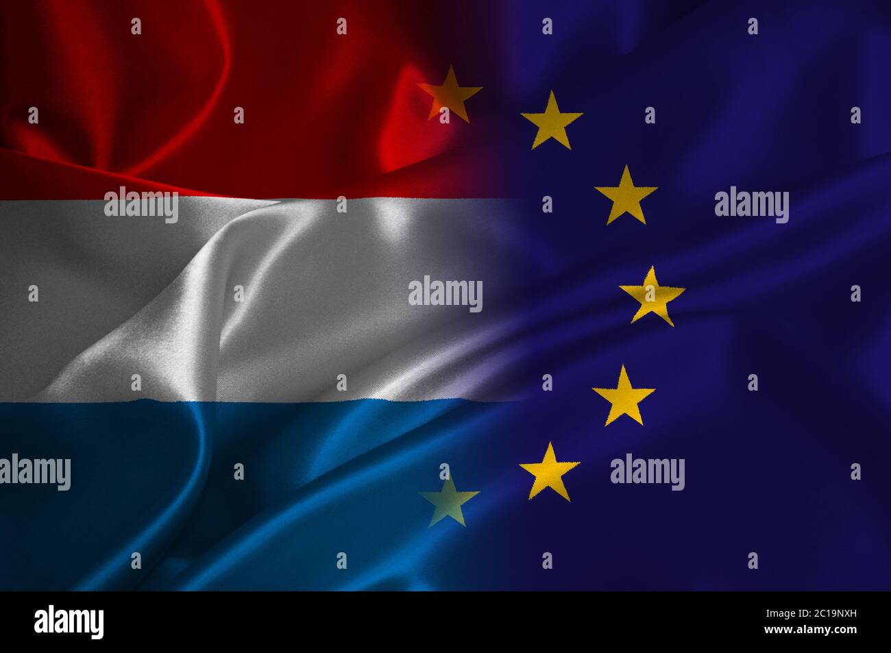 EU flag and Luxembourg flag on satin texture Stock Photo