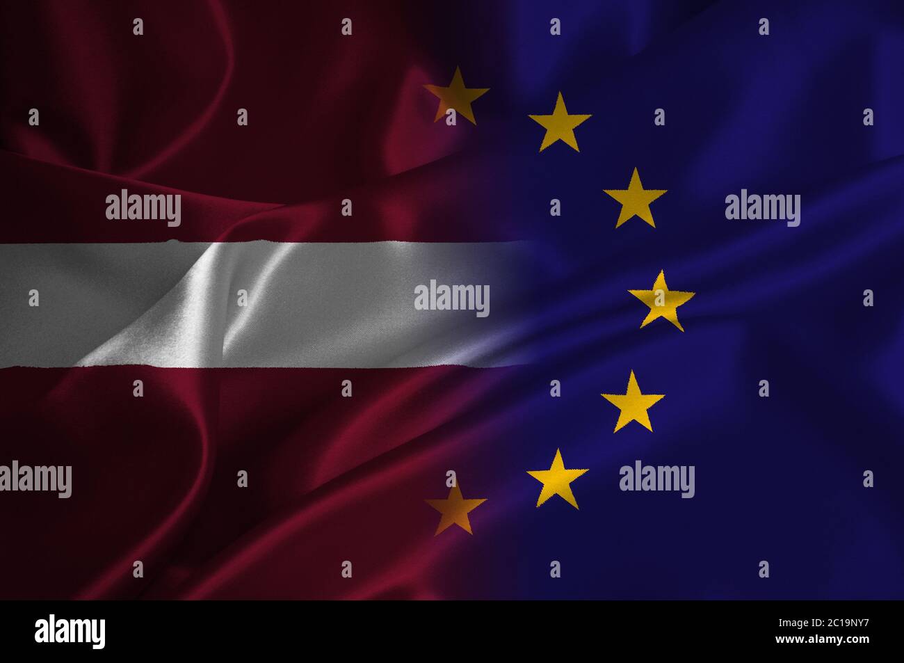 EU flag and Latvia flag on satin texture Stock Photo