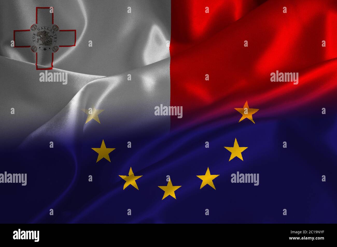 EU flag and Malta flag on satin texture Stock Photo