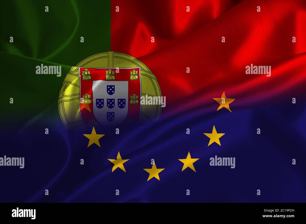 EU flag and Portugal flag on satin texture Stock Photo