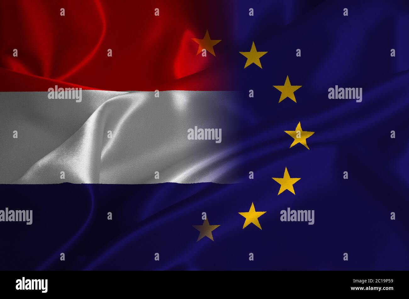 EU flag and Holland flag on satin texture Stock Photo