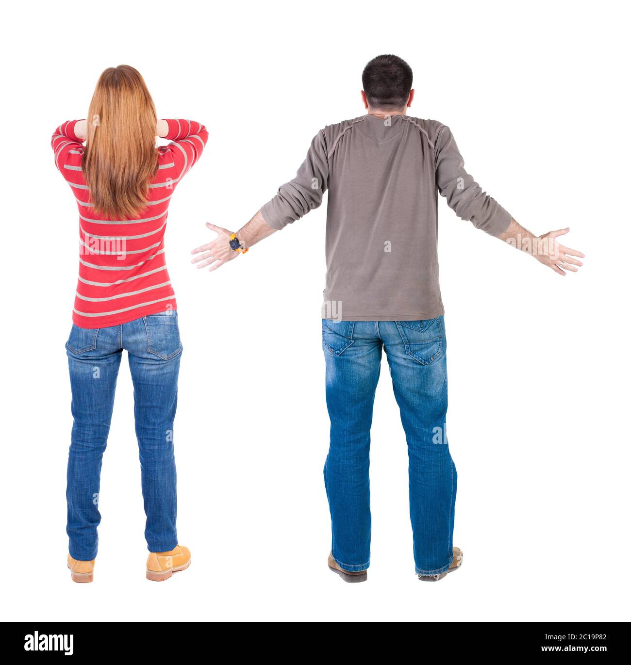 Back view couple in sweater. beautiful man and woman. Rear view people ...