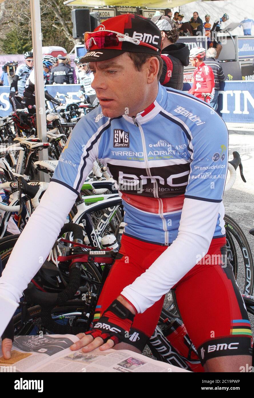 Cadel Evans of BMC Racing Team and Paolo Bettini  during the Tirreno Adriatico  2011, Stage 6 cycling race,Ussita - Macerata (178 Km) on March14, 2011 in Macerata, Italie - Photo Laurent Lairys / DPPI Stock Photo