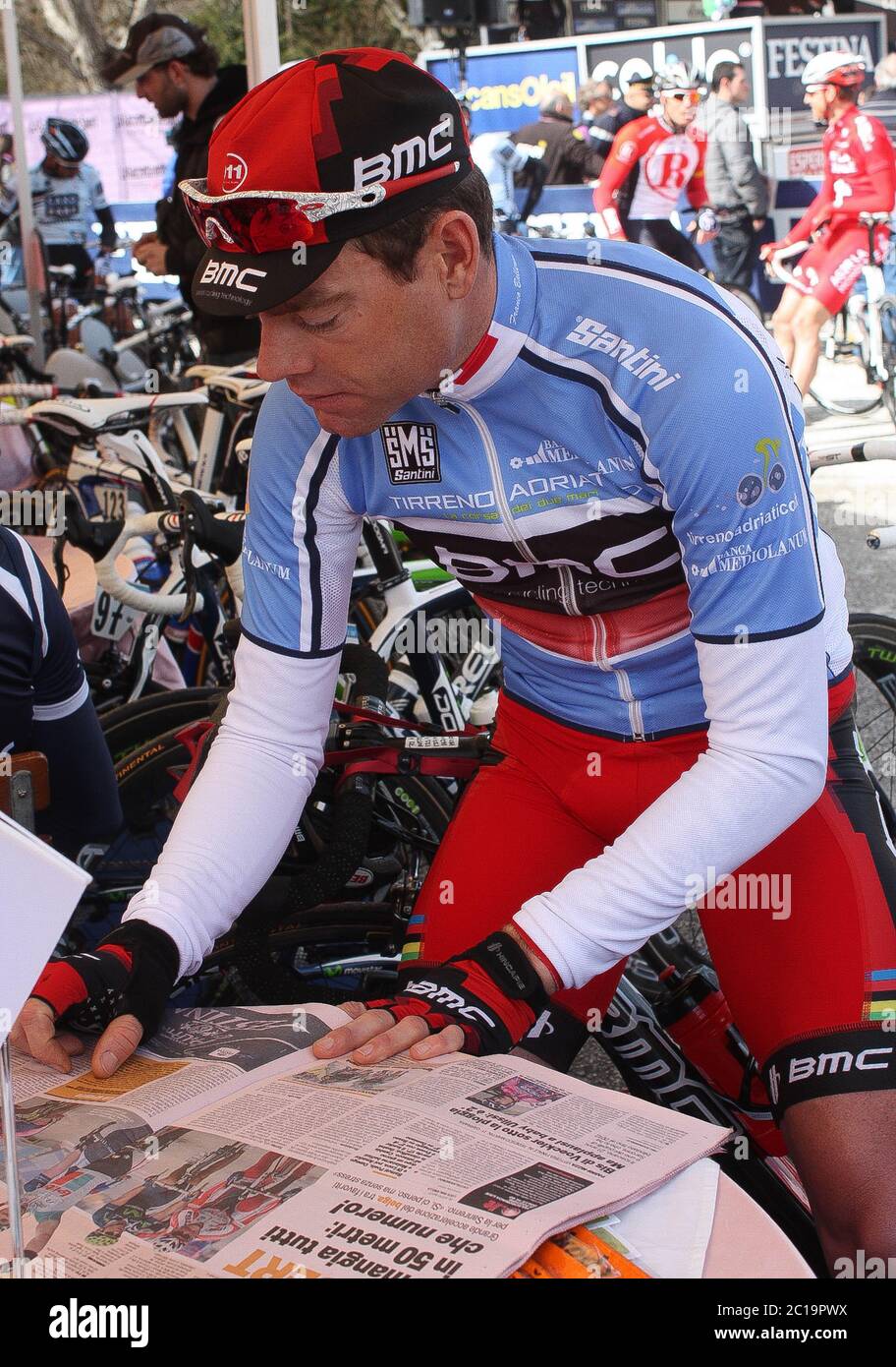 Cadel Evans of BMC Racing Team and Paolo Bettini  during the Tirreno Adriatico  2011, Stage 6 cycling race,Ussita - Macerata (178 Km) on March14, 2011 in Macerata, Italie - Photo Laurent Lairys / DPPI Stock Photo