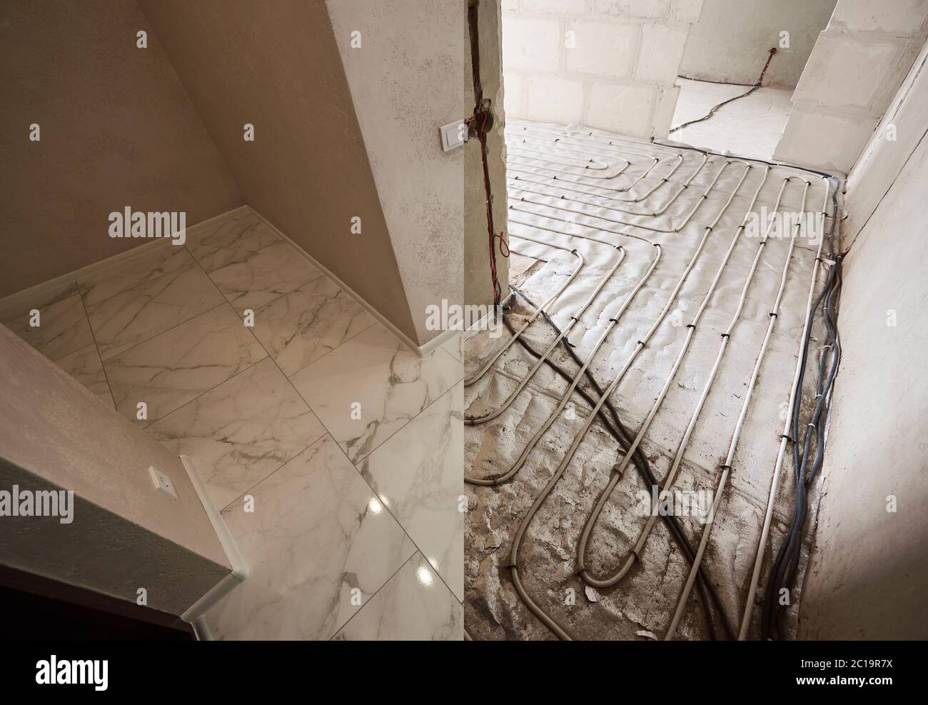 Snapshot of floor before and after renovation. Warm floor in every part of apartment, floor heating pipe system before and after tile layer. Concept of apartment renovation and restoration. Stock Photo