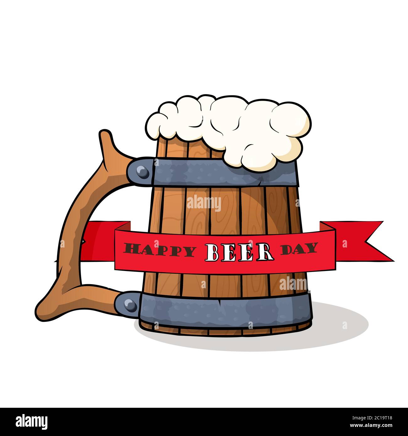 Wooden beer mug with beer and froth with happy beer day ribbon Vector ...