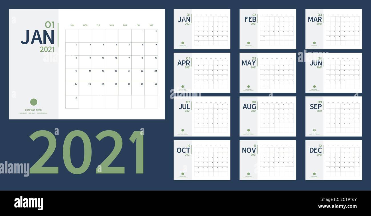 2021 new year calendar and planner vector in clean minimal table simple style and blue gold color,Holiday event planner,Week Starts Sunday.include hol Stock Vector