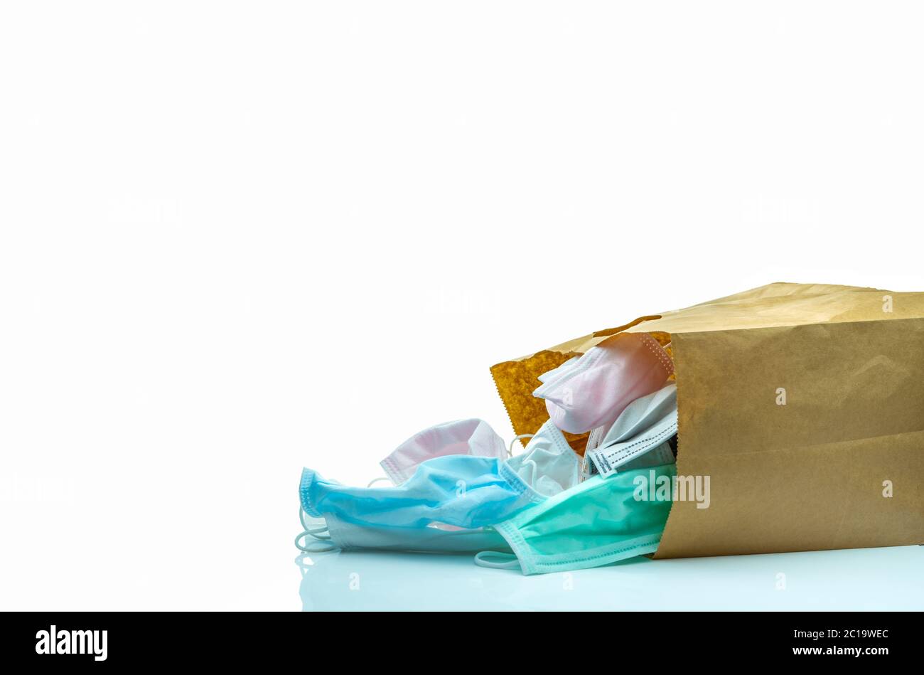 Used surgical face mask in brown paper bag isolated on white background. Medical waste. Infectious waste from coronavirus crisis. Used medical face Stock Photo