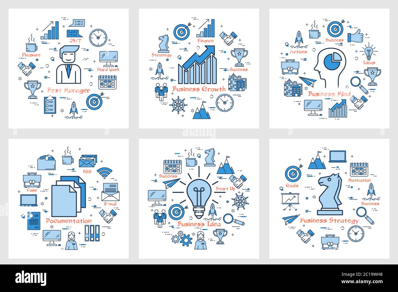 Six business square banners - Growth Idea, Manager Stock Vector