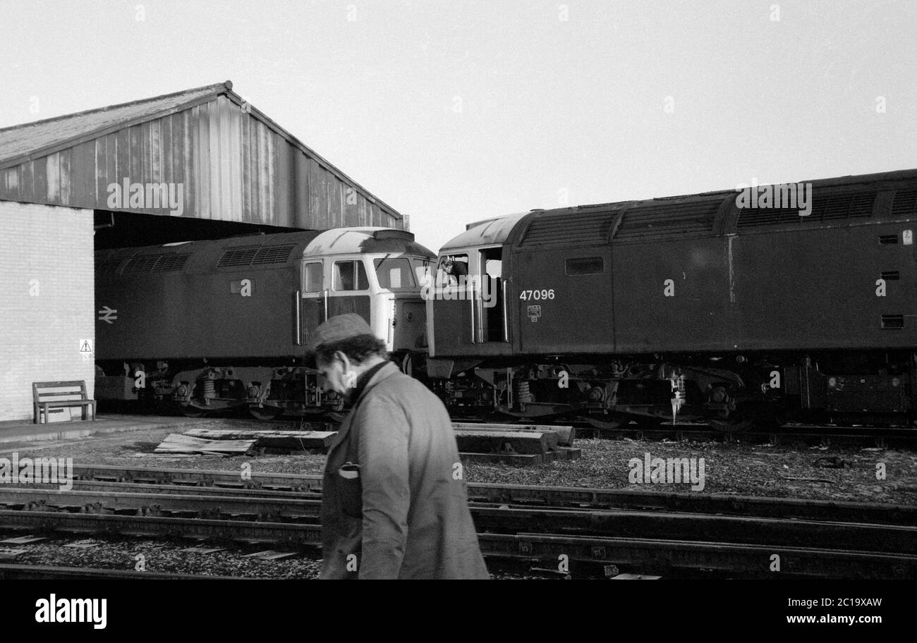 Class 47 diesel locomotives at Leeds Holbeck locomotive depot, Yorkshire, England, UK. 26th January 1986. Stock Photo