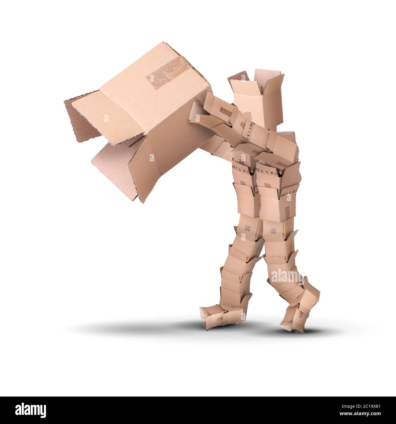 Thinking outside the box concept with a character made from boxes holding a large empty carton. Stock Photo