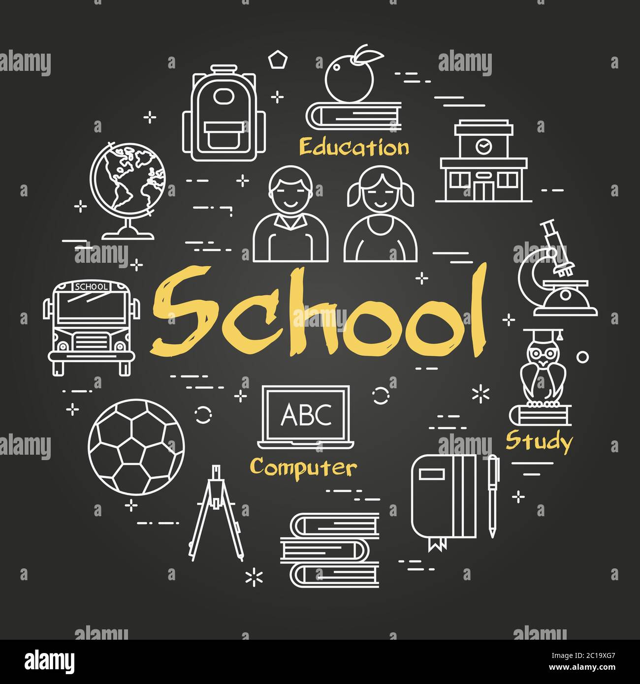 Vector black round School concept with line icons Stock Vector