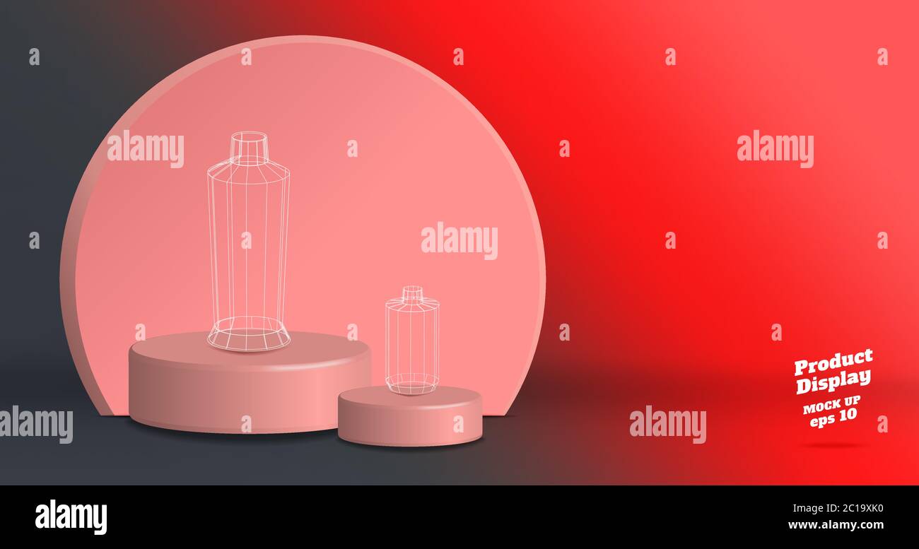 Vector,Empty vivid red gradient with grey studio round kiosk stand background ,product display with copy space for display of product Banner for adver Stock Vector