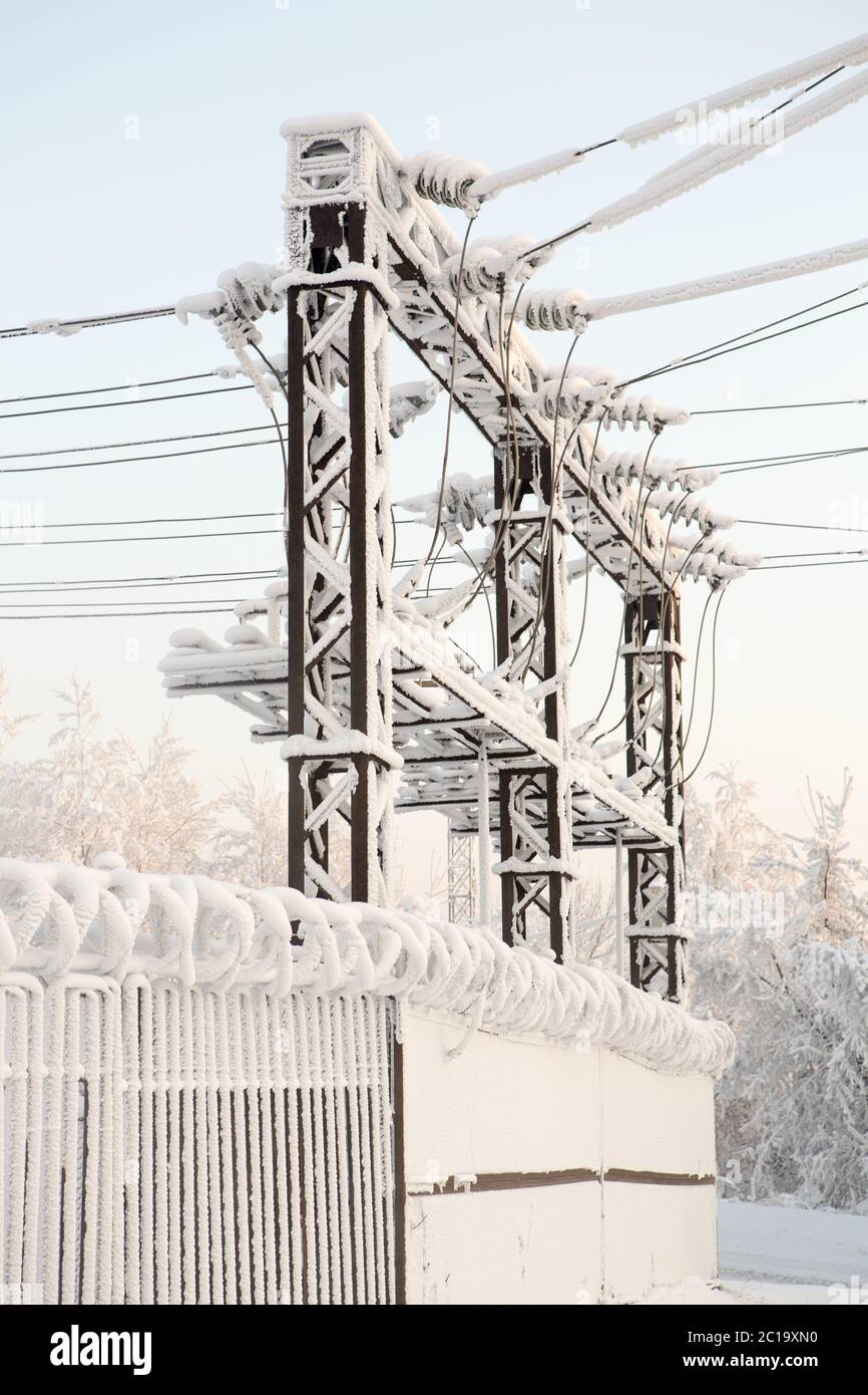 Glass insulator on the power line. Insulator of electrical highvoltage