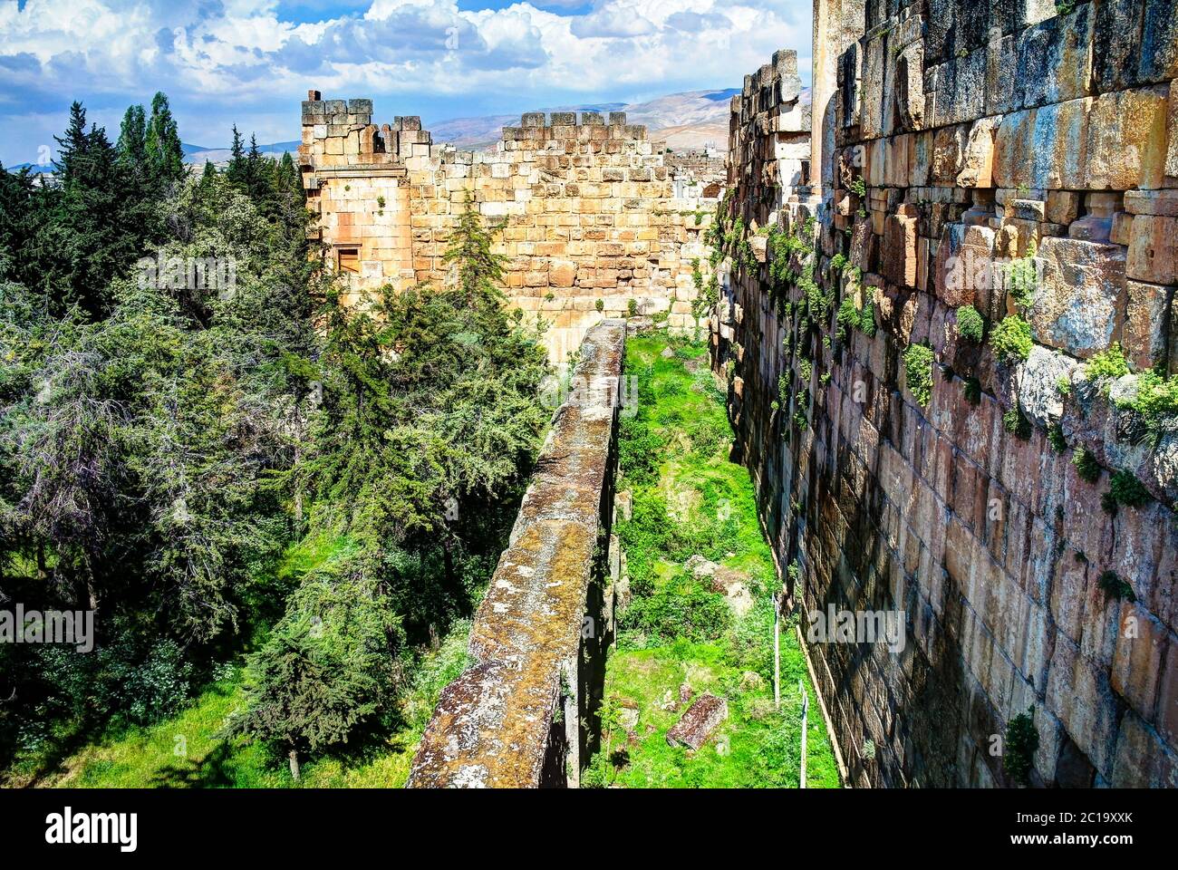 Ruins of wall of great court of Heliopolis and trilithons in Baalbek at Bekaa valley Lebanon Stock Photo