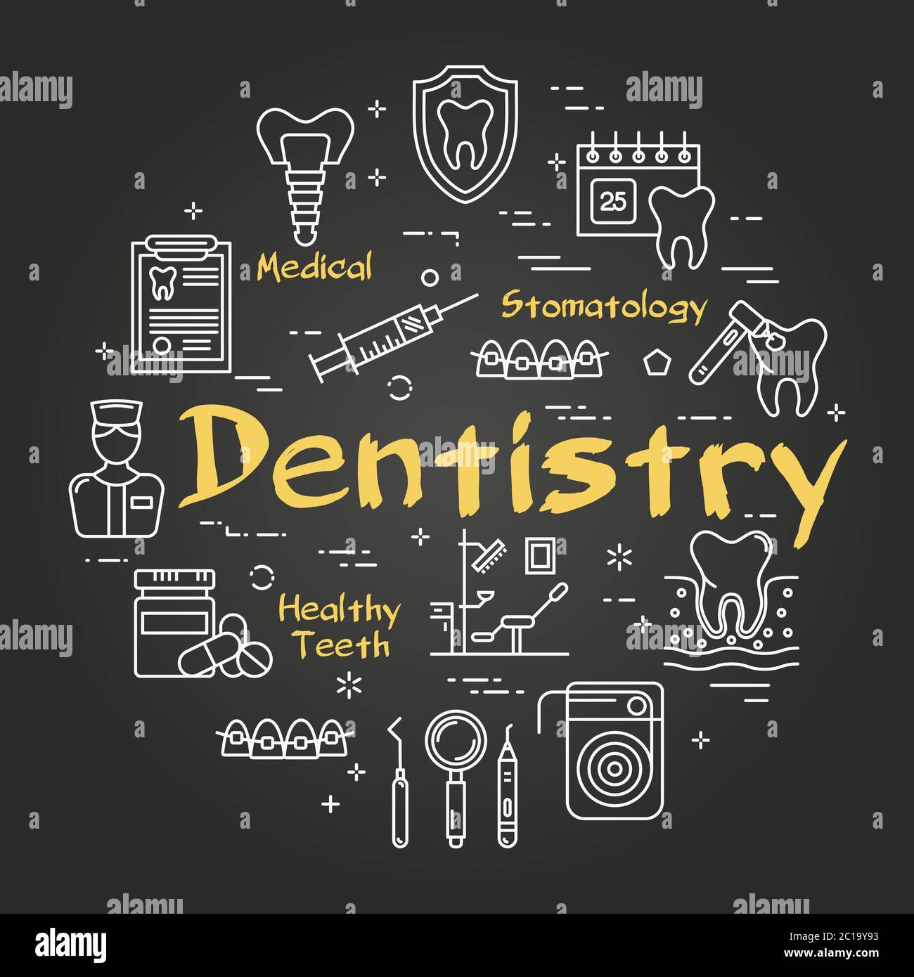 Vector black linear round web banner of dentistry Stock Vector