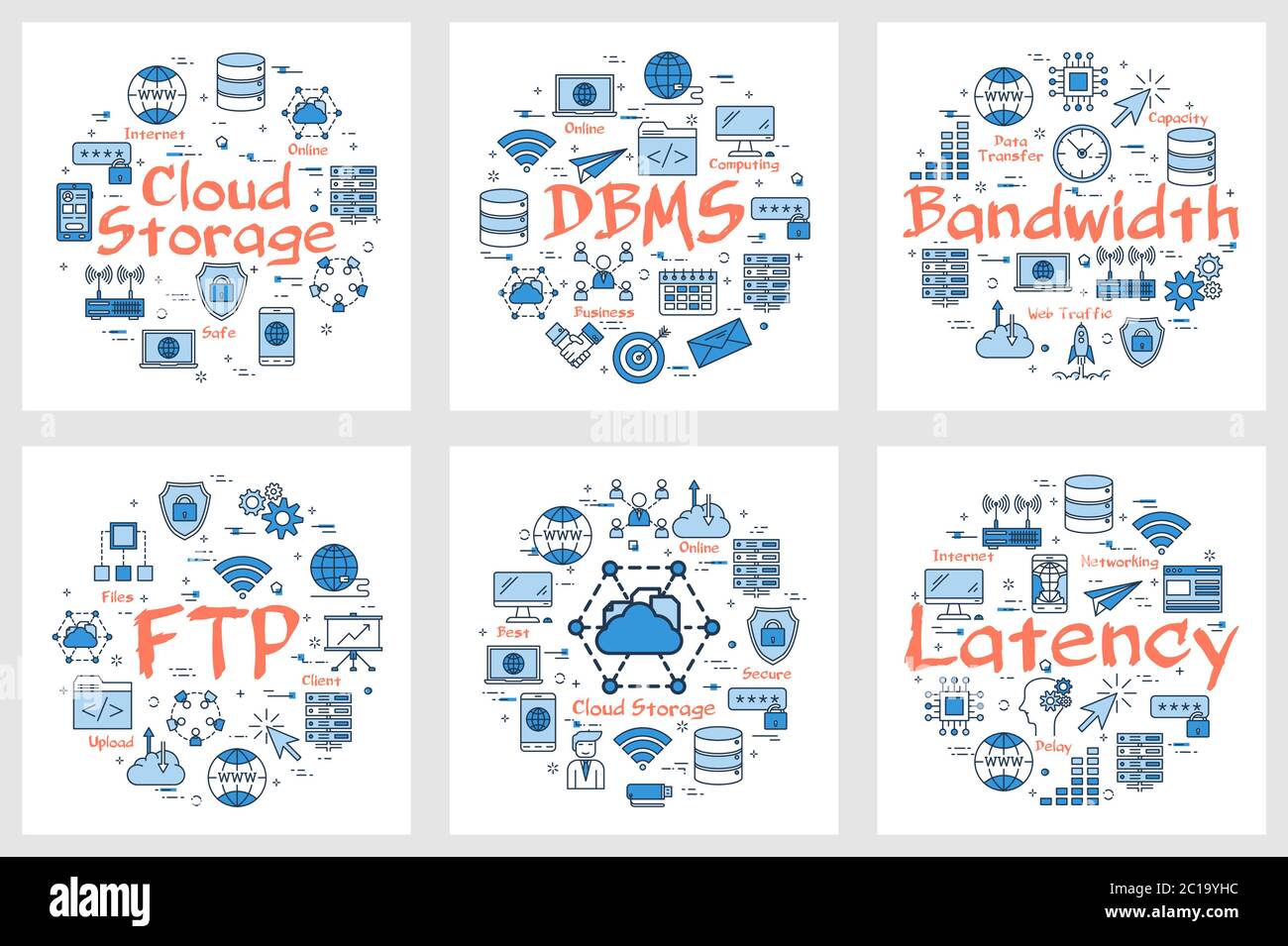 Banners- FTP, latency, bandwidth and cloud storage Stock Vector