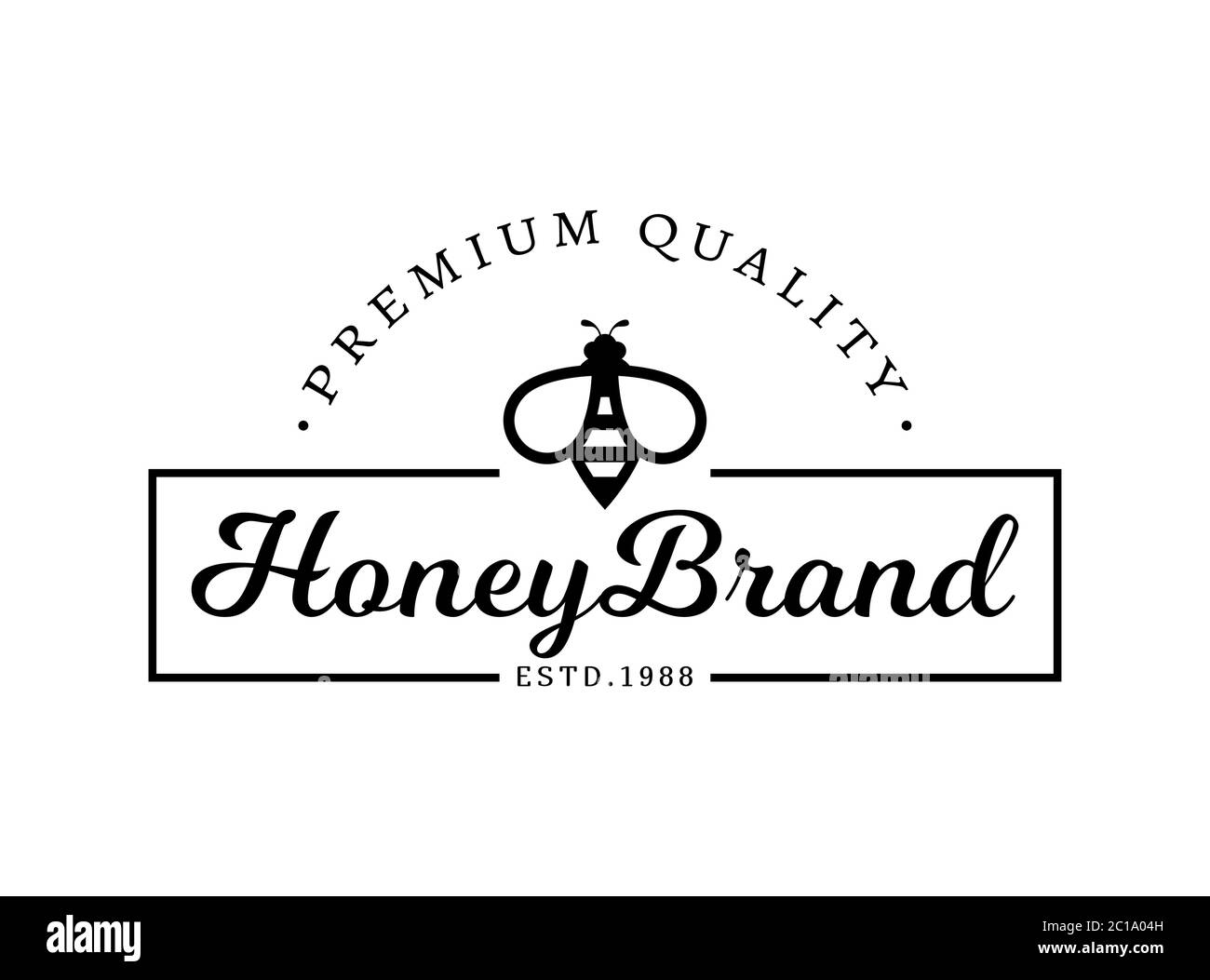 Vector emblem for honey brand. Logo template with bee. Black sign isolated on a white background. Stock Vector