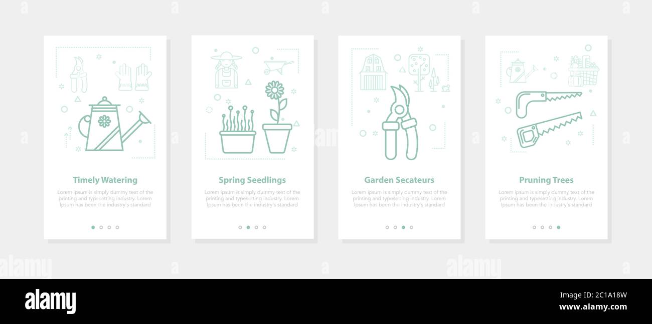 Four linear banners on white - seedling, watering, cutting, pruning Stock Vector