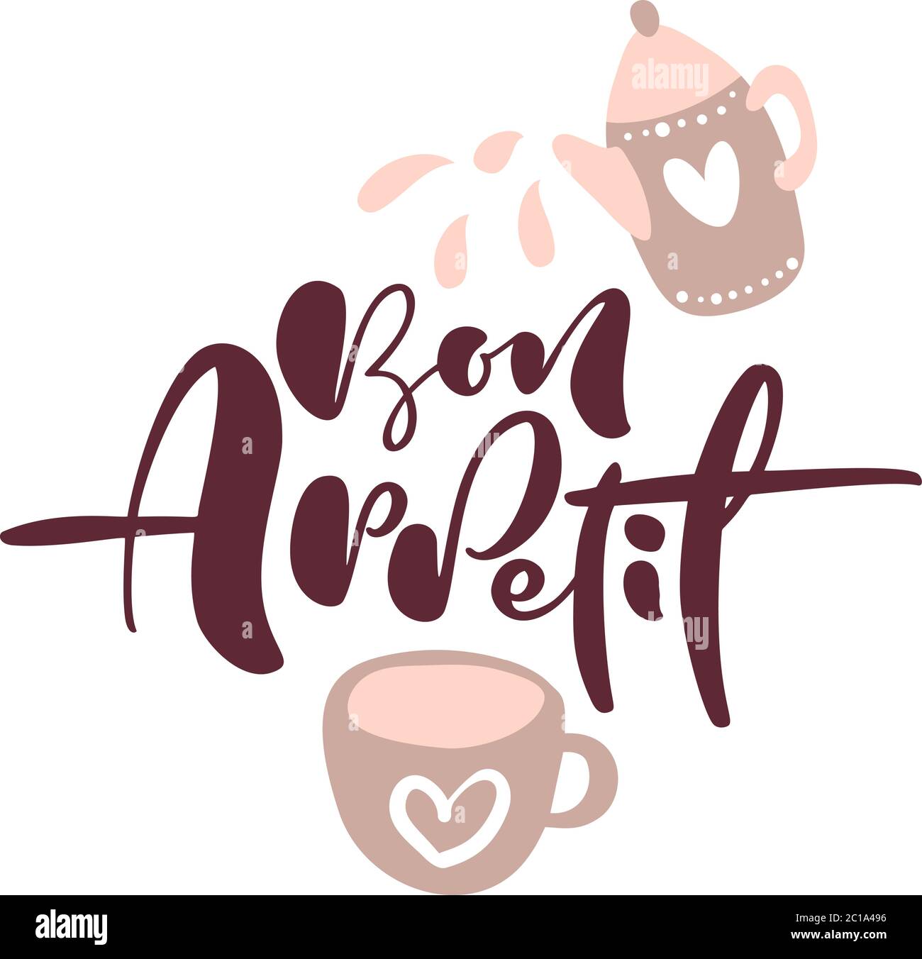 Bon Appetit calligraphy lettering vector text logo with illustration of a teapot and cup for food blog kitchen. Hand drawn cute quote design cooking Stock Vector
