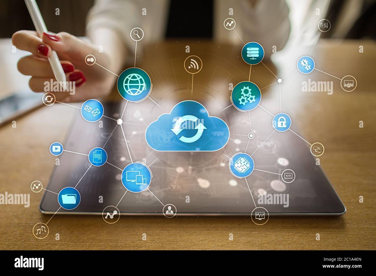 Cloud technology concept on virtual screen. Data storage and computing ...