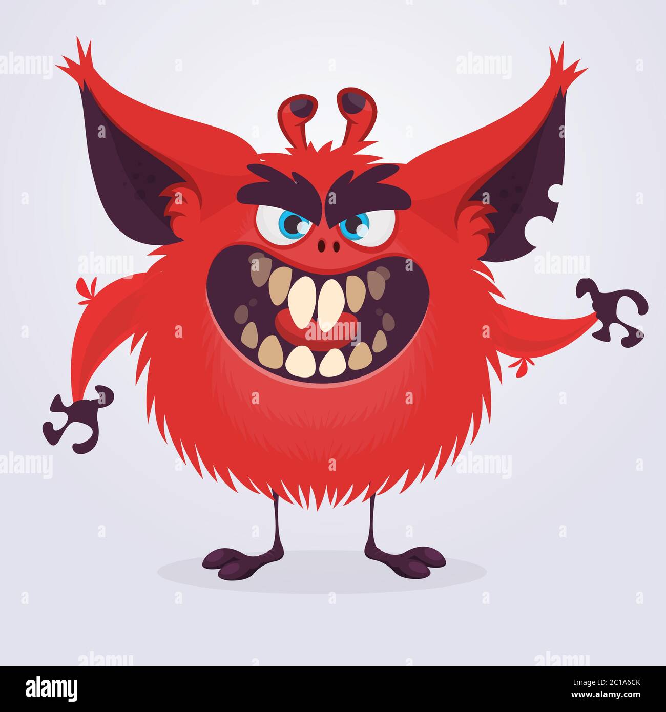 Scary red cartoon monster waving hands. Halloween vector illustration Stock Vector