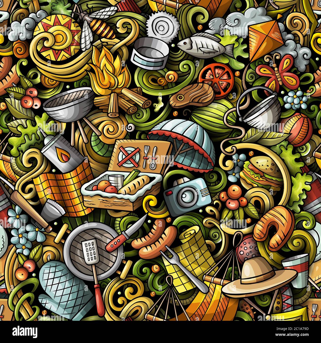 Picnic hand drawn doodles seamless pattern. BBQ background. Stock Vector